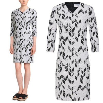 Hugo Boss Disuna Black White Wool Blend Chevron Jacquard V Neck Dress 6 Office