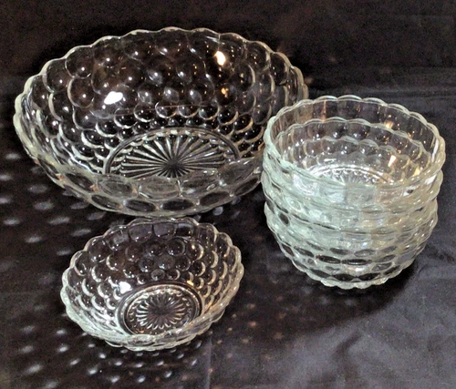 Anchor Hocking Clear Glass Bubble Serving Bowl and 5 Dessert Fruit Bowls