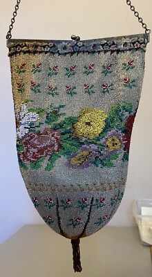 Victorian Antique Micro Beaded Bag Large Floral 4-Way Hinged