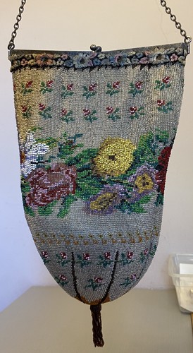 Victorian Antique Micro Beaded Bag Large Floral 4-Way Hinged Frame Sack Purse - Picture 2 of 24