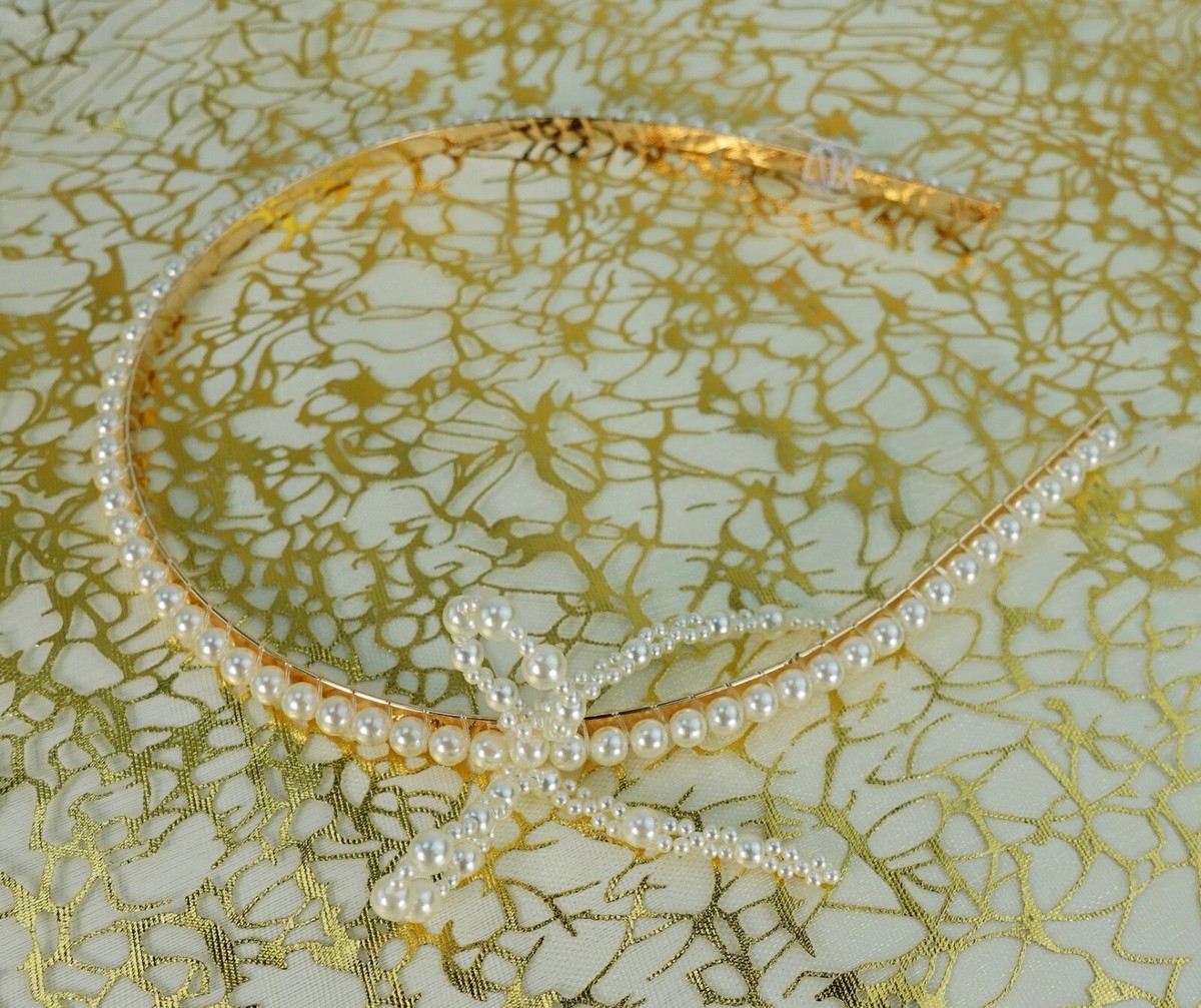 J Crew Faux Pearl Headband Hairband Gold Tone Elegant Trendy 