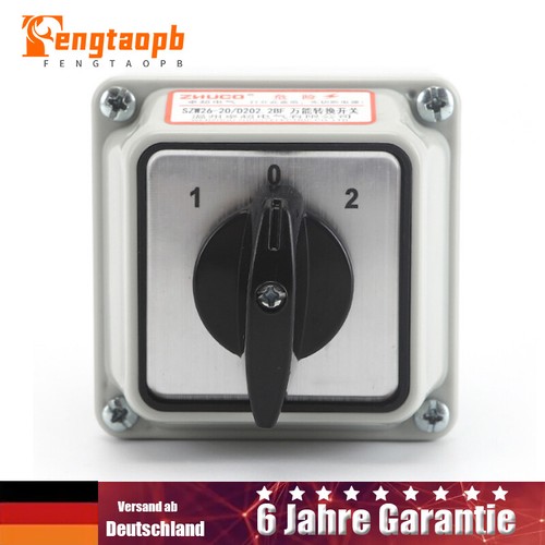 SIGANDG Universal-Drehschalter SZW26-20/D202.2 – 660V, 20A, 3 Positionen (1-0-2), 2 Phasen, 8 Klemmen, Mit Wasserdichter Box