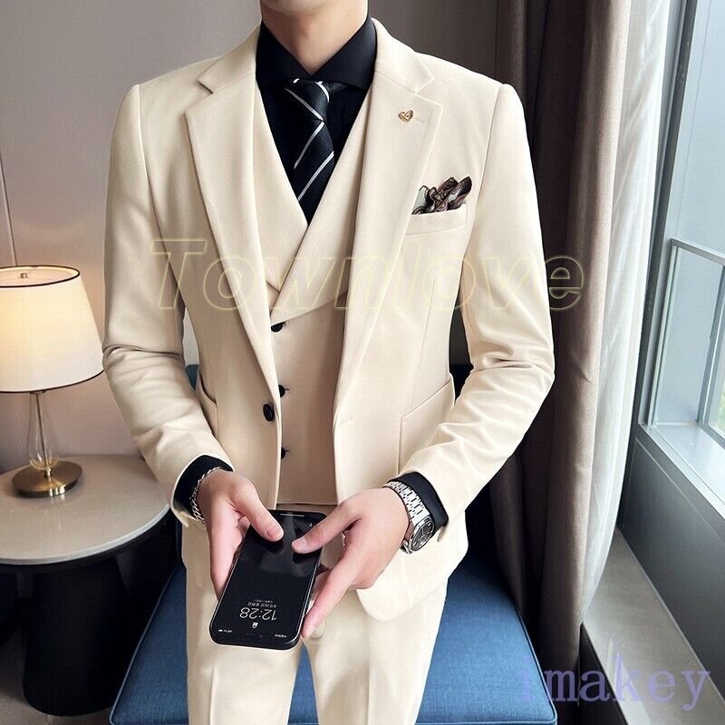 Mens Formal Dress Korean Piece Pants Vest Suit Jackets Blazer