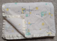 Vintage Comfort White Horse Bird Carousel Satin Trim Receiving Baby Blanket