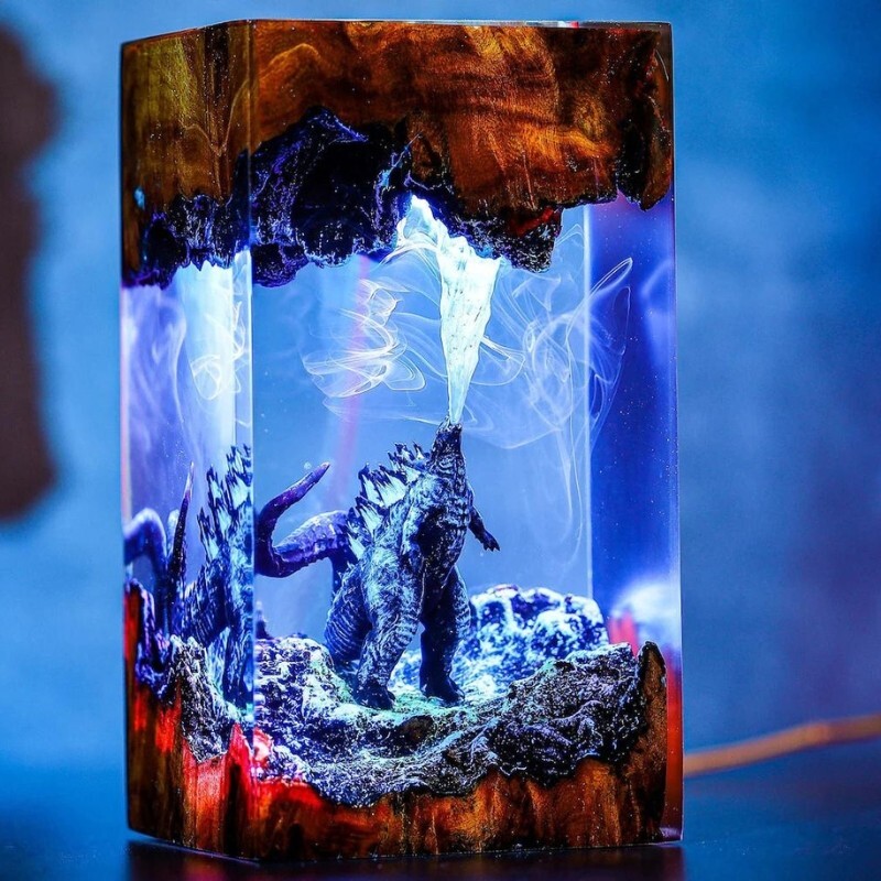 Lámpara de resina Monster Godzilla, luz nocturna Godzilla, lámpara epoxi monstruo