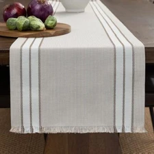 Table Runner Woven Cotton Blend Beige Farmhouse Rustic Tan Sandstone Stripes