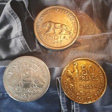 3 vers. Münzen GB / Indien, Frankreich aus dem Umlauf, gebraucht. Gut erhalten, 