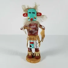 Native American Kachina Handmade Doll Colorful Feathers Leather Wood Carved