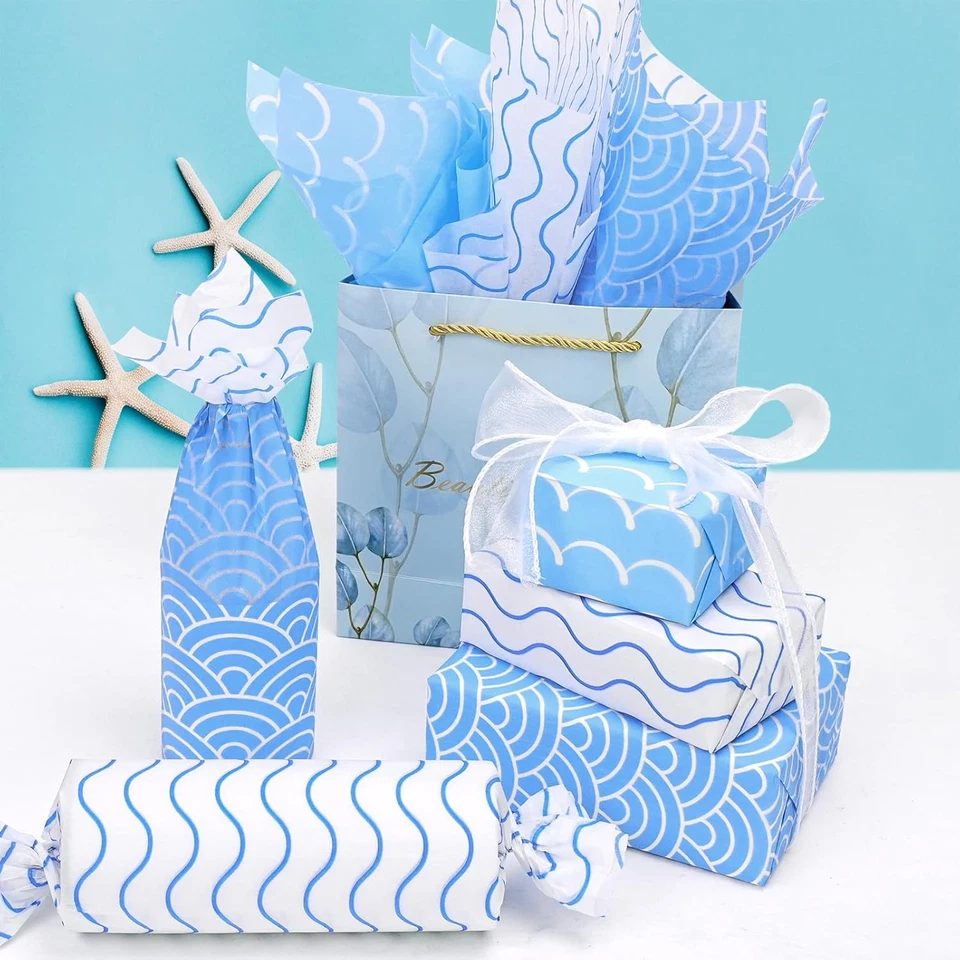 30 Sheets Winter Ocean Wavy Nautical Printed Blue Tissue Paper Bulk, 20 X 28 Sea - Image 4 of 4