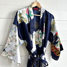 Vintage Robe Long Geisha Kimono Silver Dragon Blue De Oriental Small Medium