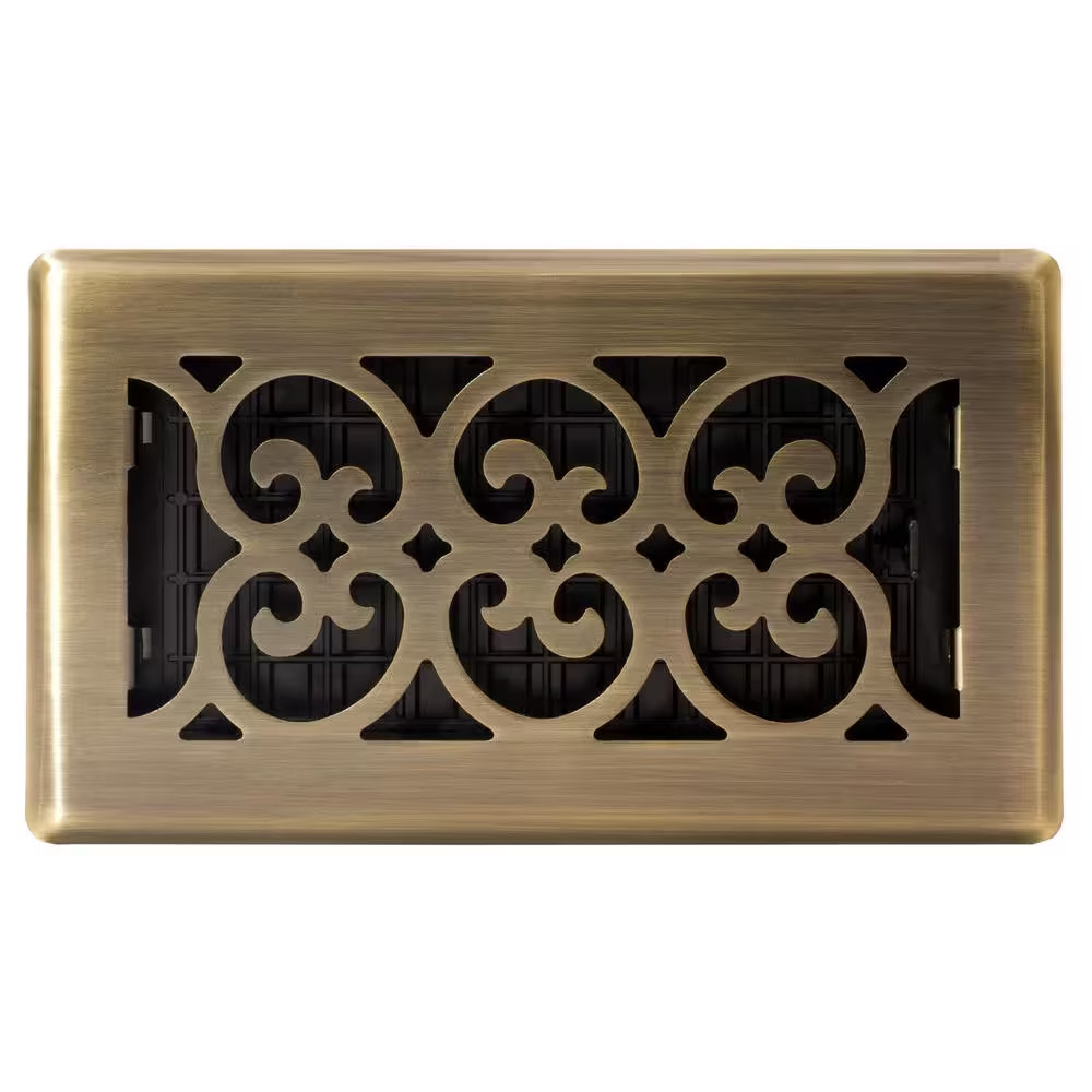 4 In. X 8 In. Antique Brass Plated Scroll Floor Register