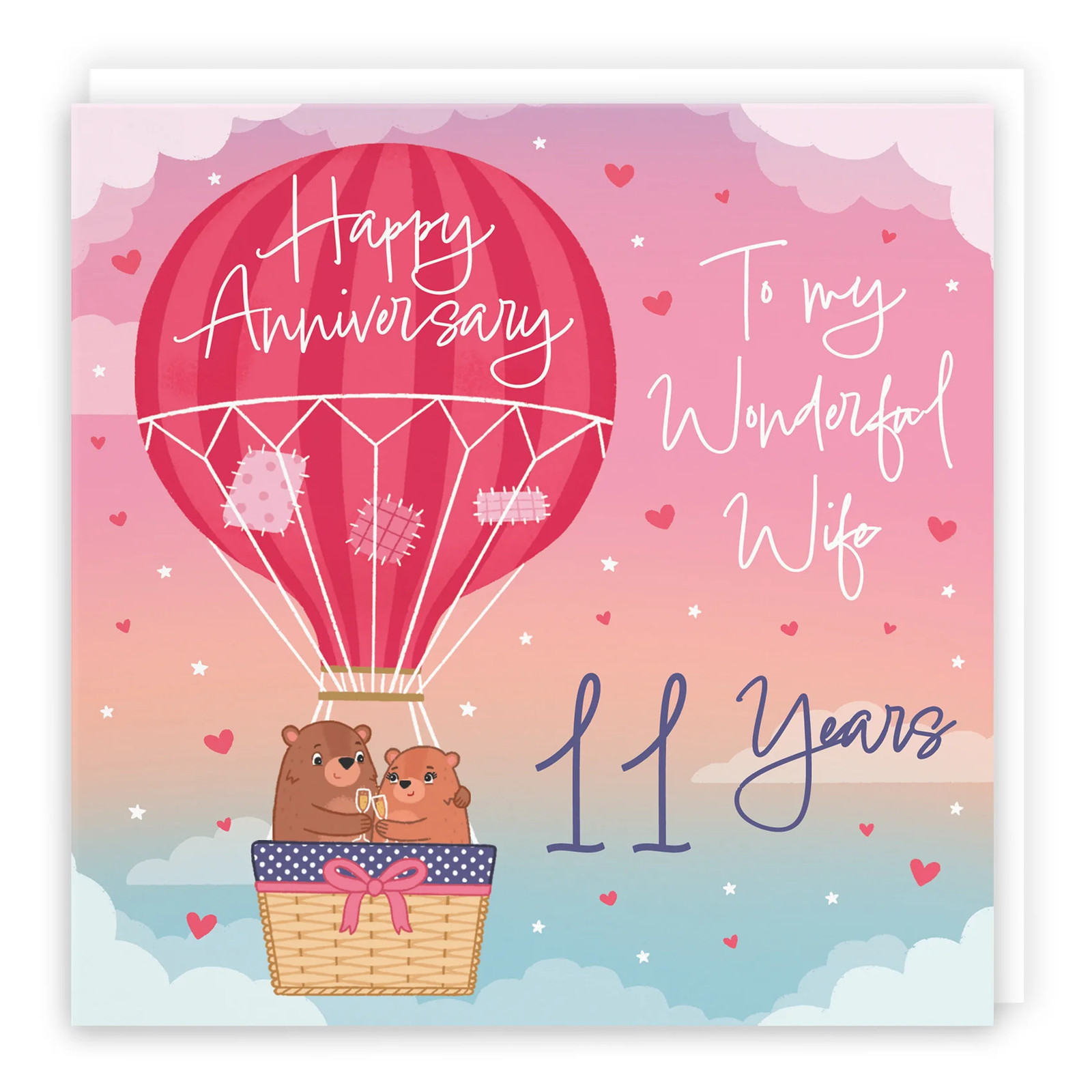 11th Wife Hot Air Balloon Anniversary Card Cute Bears