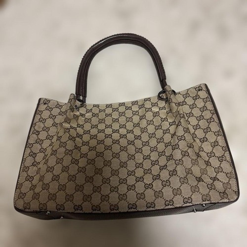 GUCCI GG Leather Canvas Tote Hand Bag Brown Beige Silver Hardware Japan