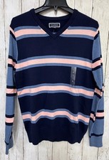 Club Room Mens V-Neck Sweater Small Navy Blue Striped Pullover Cotton Blend New