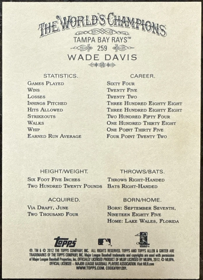 2012 Topps Allen & Ginter 259 Wade Davis IP Signed AUTO Royals/Tampa Bay Rays - Image 2 of 2