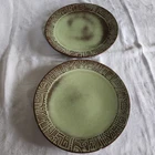 2 Vintage Frankoma Mayan Aztec Green 10.5" Dinner Plates Brown