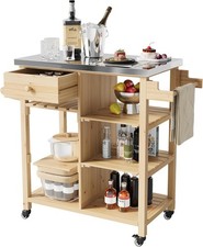 Outdoor Grill Cart Wooden Food Prep Pizza Oven Table with Stainless Steel Top