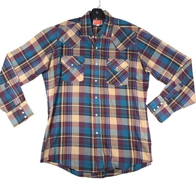 Vintage Ely Plains Western Pearl Snap Shirt Mens 16 34/35 Plaid Long Sleeve 9207