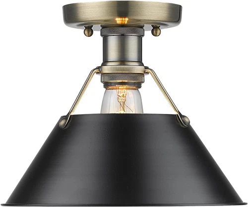 Aged Brass & Black Shade Flush Mount Ceiling Light by - Picture 1 of 4