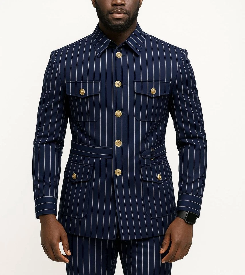 Azul marino a rayas trajes para hombre chaqueta de safari boda aire libre caza abrigo pantalón Foto 3 de 4