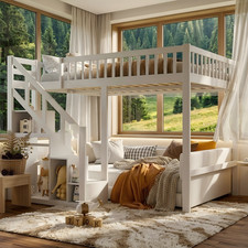 Etagenbett Hochbett Kinderbett 90x200cm Doppelstockbett mit Stauraumtreppe Weiß