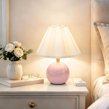 Bedside Table Lamp, Ceramic Stepless Dimmable Lamp with Scalloped Fabric Shade,D