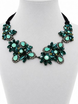 Teal Green Yellow Crystal Rhinestone Statement Necklace Black Velvet Ribbon Tie