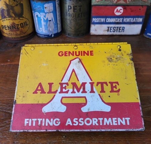 Vintage Genuine Alemite Grease Fitting Assortment Counter Display Metal Box