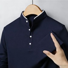 Fashion Men's Contrast Trim Mandarin Collar Polo Shirt Long Sleeve Breathable