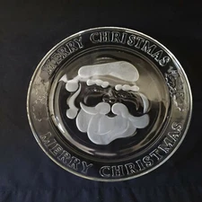 Anchor Hocking "Merry Christmas" Cookie Platter 12"Clear Glass Santa  Platter 