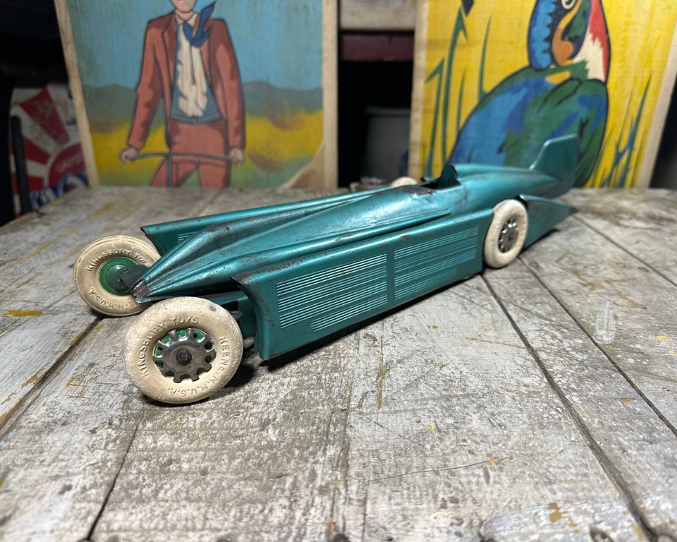 Antique Kingsbury Golden Arrow Race Car Tin Windup Toy RARE Green Paint