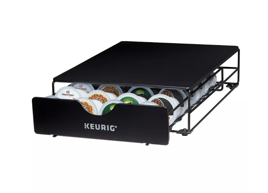 Black Metal K-Cup Organizer – Non-Rolling 24ct Coffee Pod Storage Drawer, Freestanding Design