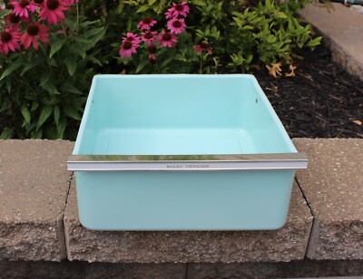 Vintage Mid Century Turquoise Aqua Blue Enameled Refrigerator Meat Drawer