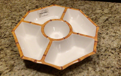 TOMMY BAHAMA MELAMINE  Chip n dip Platter Tray 16  Divided w/ Faux rattan trim