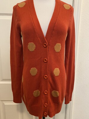 TEASPOON Women Cardigan V-Neck Button Down Burnt Orange Tan Polka Dot Sz S EUC