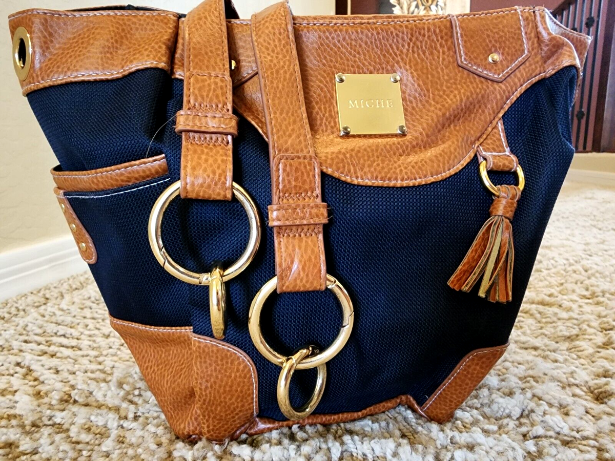 Miche MISTY Demi Chestnut Brown and Navy Blue Canvas Shell Cover Purse Bag