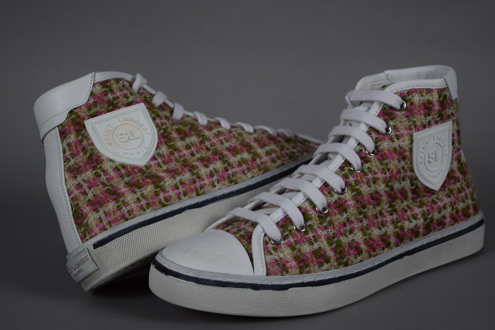 Sneakers mid top nuove con scatola da donna YSL Saint Laurent TWEED Malibu 37 5 verdi rosa rosa