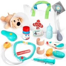 Veterinarian Kit For Kids Pretend Play Doctor Set With Dog Toy Tote Bag Stethosc