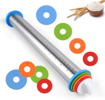 17'' Stainless Steel Rolling Pin Adjustable Dough Roller w/ 4 Thickness Rings Bak