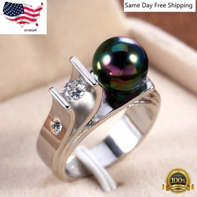 Fashion Women Wedding Ring 925 Silver Filled Jewelry Round Black Pearl Sz 6-10