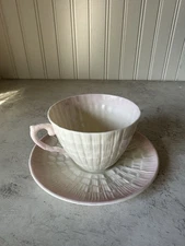 Vintage BELLEEK Pink Neptune Limpet Shell Teacup & Saucer Plate Set 6th Mark EUC