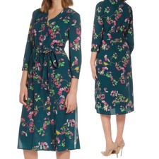 Eliza J Fit & Flare Dress V Neck Surplice Floral Birds Print Midi Green Womens 0