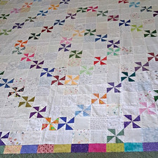 Handmade Patchwork White Cotton Throw Quilt Pinwheel Pattern 72x88 Inches