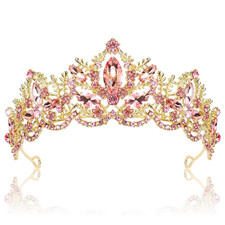 Pink Tiara for Women Gold Crown for Girls Wedding Princess Birthday Crystal Rhin