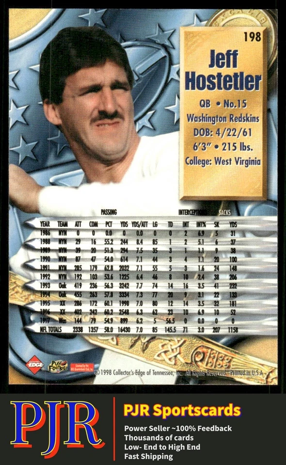 Jeff Hostetler 1998 Collector's Edge Supreme Season Review #198 Redskins - Image 2 of 2