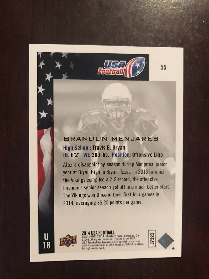 2014 Upper Deck USA Football #55 - Brandon Menjares - Team USA - Image 2 of 2