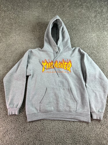 Thrasher Magazine Hoodie Mens Small Gray Yellow Flames Skater Skateboarding - Picture 2 of 9