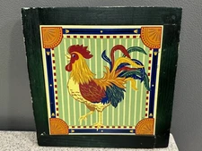Vintage Wood Framed Hanging Ceramic Trivet Rooster Colorful in VGC