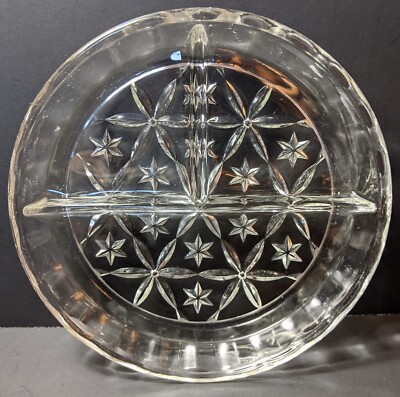 Vintage 1950s Clear Pressed Glass 3-section Serving Dish Star Pattern 7.5''