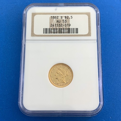 1862 S San Francisco $2.50 Coronet Head 90% Gold Quarter Eagle NGC AU53 Coin - Picture 2 of 12